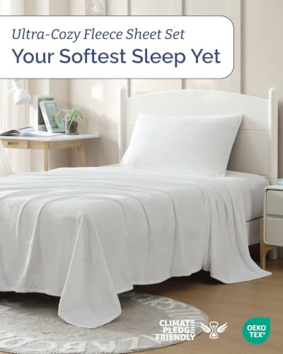 Image of Fleece Sheets Twin Size Set - 3-Piece Velvet Flannel Sheet Set - White
