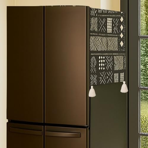 Image of WWW.THROWPILLOW.IN Fridge Top Cover for Single Door 100-250L | Small Size Dustproof Refrigerator Cover | Corner Tassels with Pockets | Mud Cloth Print | Single Door Fridge Cover Mat