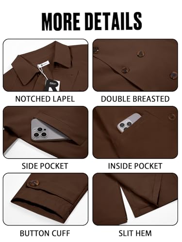 Image of Runcati Mens Trench Coat Double Breasted Notched Lapel Casual Belted Windbreaker Fall Classic Long Jacket Overcoat