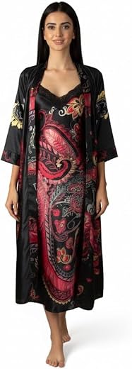 Ledelav Luxurious Women's Loungewear Collection, Elegant Floral Print Robe Set with Matching Dress, Premium Satin Fabric, ...