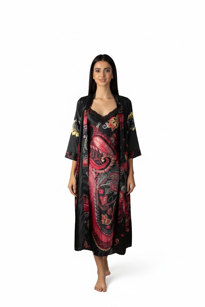 Luxurious Women's Loungewear Collection, Elegant Floral Print Robe Set with Matching Dress, Premium Satin Fabric, Full-Length, Perfect for Sleepwear and Relaxation