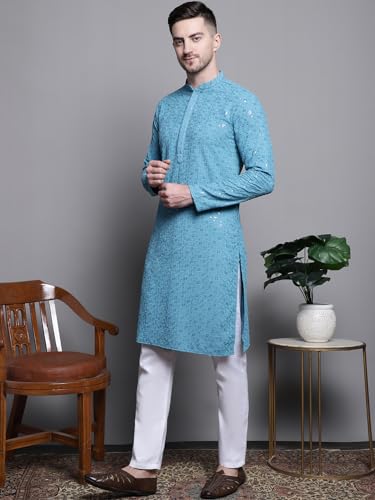 Image of Jompers Men's Geometric Sequin Embroidered Pure Cotton Kurta with Pyjamas Set