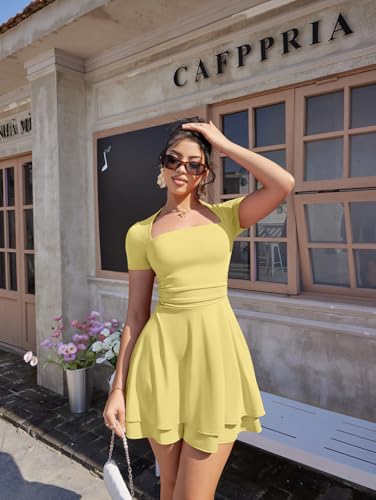 Image of XXTAXN Women's Sexy Square Neck Short Sleeve Ruched Tiered Ruffle Hem Flowy Club Party Mini Dress