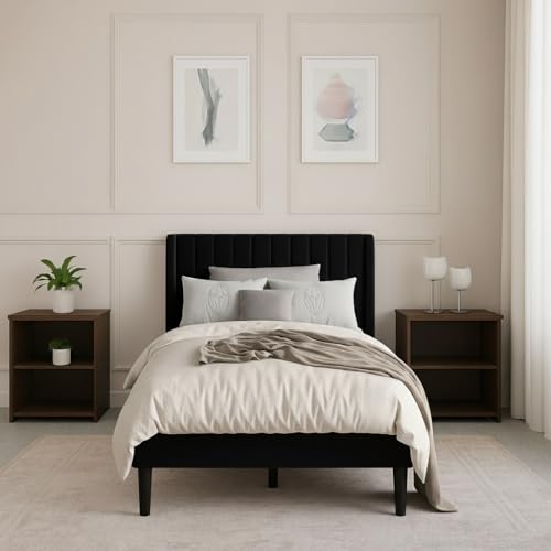 Image of Modern Upholstered Single Size Bed Without Storage | Single Size Bed for Bedroom with Headboard | Palang Furniture for Guest Room, Hotels and Home | Black, (Black)