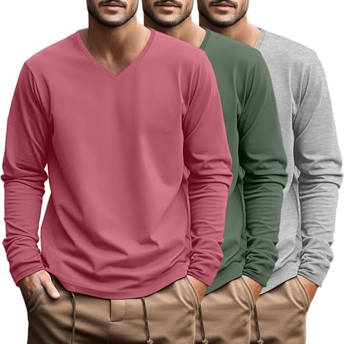 Ficerd 3 Pack Big and Tall Shirts for Men V Neck Cotton Long Sleeve Tee L-7XL Casual Loose Tops Oversized Basic T Shirts