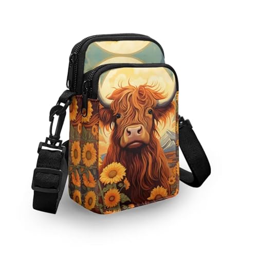 Image of Xpyiqun Highland Cow Phone Bag Crossbody Purses for Women Mini Cross Body Bag Sunflower Canvas Over Shoulder Handbag Messenger Pouch Work Satchel Travel Wallet Organizer Zipper Pocket