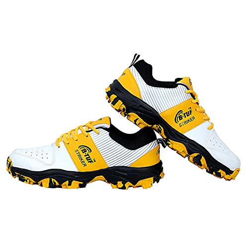 Image of B-TUF Striker Cricket Shoes /Studs Spikes Sports for Men Boys Unisex Kids|Lightweight and Durable | Stylish Sports Shoes | (White /Black /Yellow)