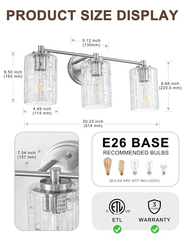 Image of DORESshop Bathroom Light Fixtures, 3-Light Brushed Nickel Bathroom Lighting Fixtures Over Mirror, Modern Vanity Lighting with Crystal Glass Shade, Wall Sconce for Mirror Bedroom Dressing Room Hallway