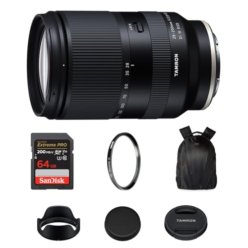 Image of Tamron 28-200mm f /2.8-5.6 Di III RXD Lens (Sony E) with Wide-to-Tele Zoom & f /2.8 Aperture, 64GB Extreme PRO SDXC Card with 200MB /s Read Speed, Tiffen 67mm UV Filter & Camera Backpack Bundle Kit