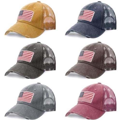 Image of Tarpop 6 Pcs American Flag Baseball Cap 250th Anniversary Tactical American Flag Hats Adjustable Washed Us Cap for Women Men(Multi Color,Elegant Style)