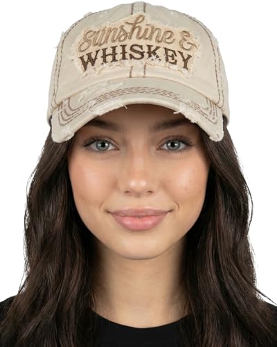 Funky Junque Womens Baseball Hat Vintage Distressed Unstructured Sunshine Hat Beach Baseball Cap for Women - Sunshine & Whiskey - Beige