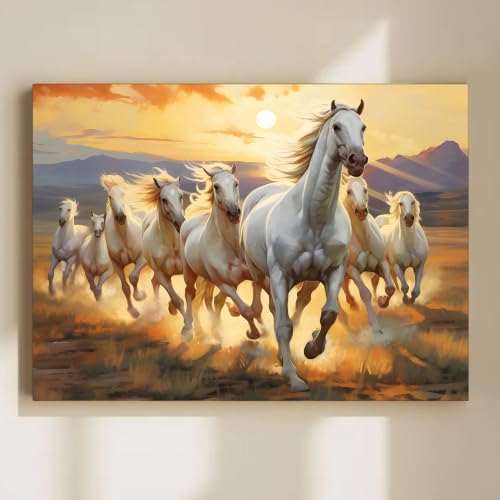 Image of PAINTINGMANTRA 7 White Running Horses Stretched Canvas Painting For Living Room, Vastu Abstract Stretched Canvas Wall Art Painting for Office & Home Decor, 16x22 Inch