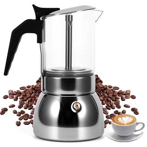 Cafetera italiana de acero inoxidable de 6 tazas de 300 ml, cafetera italiana de vidrio transparente, cafetera moca para el hogar, cafetería, oficina al aire libre, color plateado