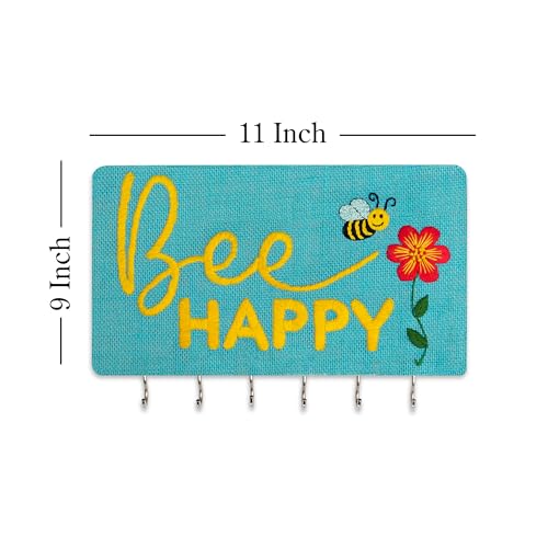 Image of picknMAKE Diy Embroidery Keychain Holder Kit - Stitch Bee Happy Design On Stiff Fabric,Assemble On Mdf Panel,Create A Personalized Wall-Mounted Key Organizer With Hooks,Hinges & Complete Tools,Blue