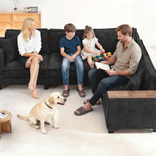 Image of 126 inch L Shaped Sectional Couch, Comfy Corduroy Sectional Couch, Modular Convertible V Shaped Couch, 5 Seat Corner Sofa with 2 Pillows & Storage Armrests for Living Room, Black
