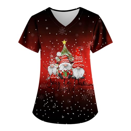 Pflegesschlupfkasack Damen Bequem Feiertagsshirts Mit 2 Großen Stabilen Taschen Kasack Damen Pflege Mit Weihnachten Schlupfhose Damen Atmungsaktiv T-Shirt Damen(Wein,4XL)