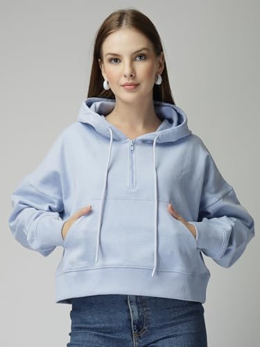 Image of Unifirnge Casual Wear Solid Crop Zipper Jacket Hooded Neck Full Sleeves Hoodie for Women Hoodies Women Stylish Sweater for Woman Stylish Cotton Blend Fleece Hoodie Winter wear Hood Regular Fit