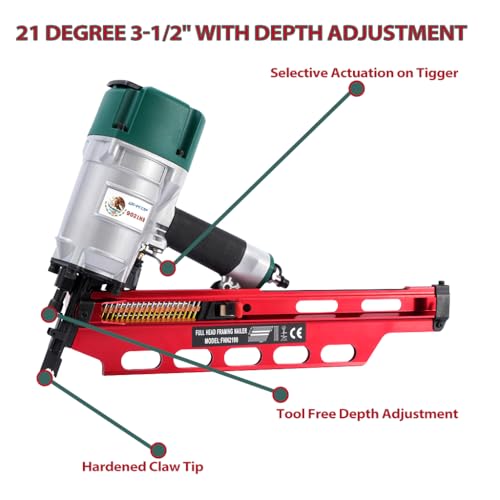 Image of Mexican Style 9021NS Framing Nailer 21 Degree 3-1 /2 inch with Depth Adjustment Professional Air Nail Gun