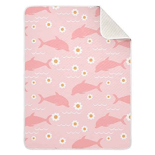 Image of Swaddle Blanket for Pink Dolphins Floral Baby Receiving Blanket Muslin Baby Swaddles Soft Cotton Breathable Nursery Blankets for Unisex Boys and Girls 30x40 Inch