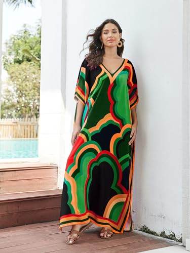 Image of IMAGEKOPE Women's Plus Size Loose Fit Moroccan Print V-Neck Batwing Kaftan Beach Dress Bathing Suit Cover Up