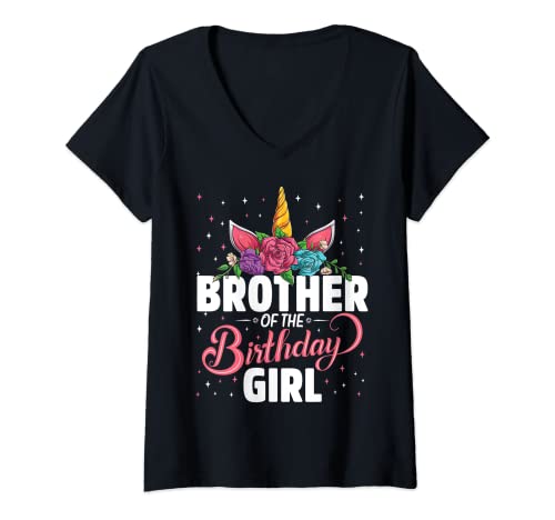 Donna Brother Of The Birthday Girl Unicorn Girls Family Matching Maglietta con Collo a V