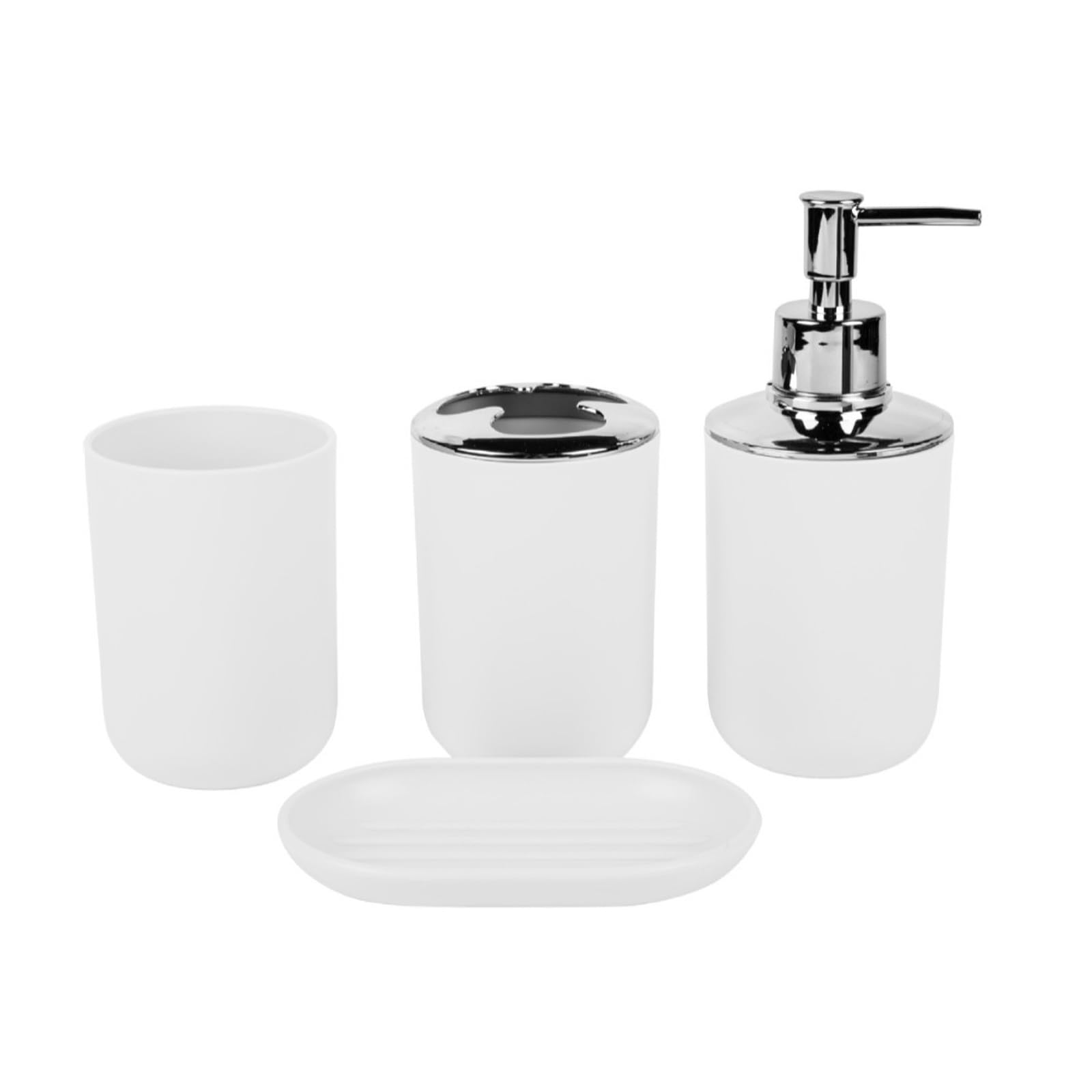 HGENAHGTF Contemporary 4-Piece Bathroom Storage Set for Toothbrush, Soap Dispenser Tray, White Countertop Decor Bathroom Accessory Set