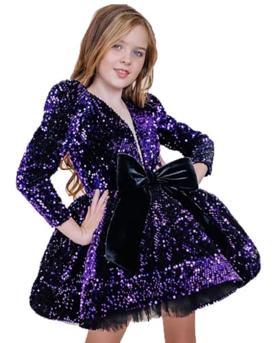 Girls Sequin Pageant Dress Bowknot Full Sleeve Wedding Flower Girl Dresses Kids Birthady Party Ball Gown