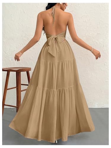 Image of SHENHE Women's Deep V Neck Tie Knot Backless Halter Dress A Line Flowy Ruffle Maxi Dress
