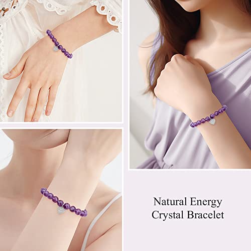 Image of Positive Lady Natural Amethyst Bracelet 16.5 17.78cm with 925 Sterling Silver Angel Wing Cross Four Leaf Clover Heart Rubber Charm 6mm bead Healing Crystal for Women Girl Handmade Adjustable, Stone
