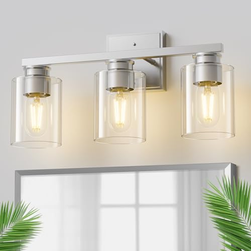 Image of L LOHAS LED 3-Light Bathroom Light Fixtures Over Mirror, 17.7-Inch Nickel Bathroom Vanity Light with Clear Glass Shade, Modern Vanity Lights for Bathroom Hallway Living Room Bedroom, E26, UL Listed
