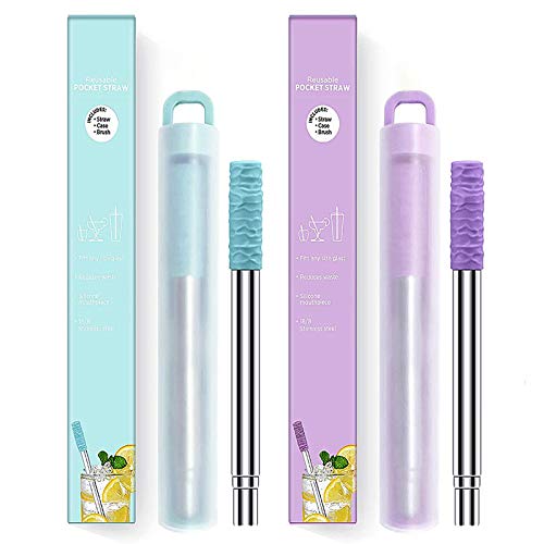 Pajitas de Portátiles con Cabezas de Silicona, Pajitas Telescópicas de Acero Inoxidable Plegables Reutilizables para Beber, Fáciles de limpiar para el Hogar o Viajes - 2PCS (Púrpura + Azul) Cover