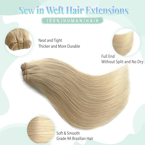Image of Platinum Blonde Weft Hair Extensions - Real Human Hair, 12 Inch, 80G, Hand Tied Wefts Hair Extensions Human Hair Sew in Weave Weft Extensions for Women