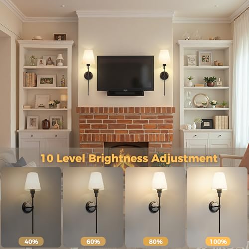 Image of DORESshop Battery Operated Wall Sconce Set of 2, 7 Color Wireless Wall Light Easy to Install, Sconce Wall Decor Set of 2 for Bedroom, Living Room, Fabric Linen Shade, Black, 24.6in