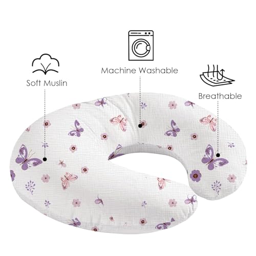 Image of Little Grape Land Muslin Nursing Pillow Covers 2 Pack, 100% Cotton Removable Breastfeeding Pillow Covers, Feeding Pillow Slipcovers for Baby Boys & Girls, (Purple Butterfly & Purple)