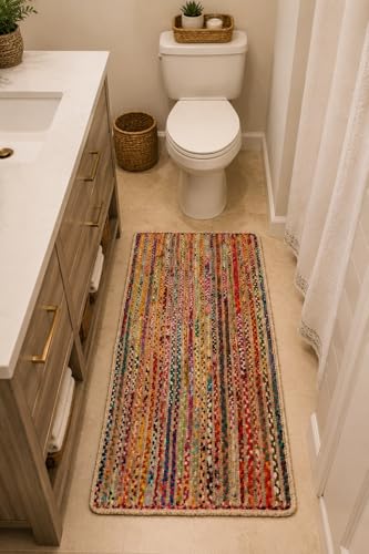 Image of Handmade Natural Jute Runner Rug for Hallway Living Room Kitchen Bedroom Floor Carpet (Beige + Chindi, 2x6)