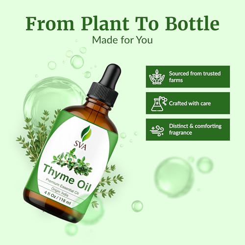 Image of SVA Thyme Essential Oil 4 Fl Oz - for Diffuser, Skin & Hair Care - Ideal for Massage & DIY Blends - with Dropper