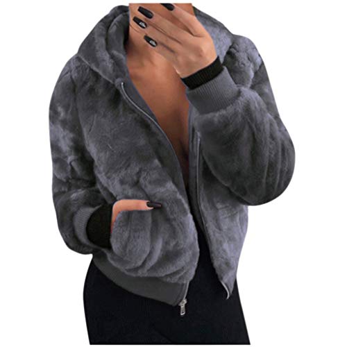 iQKAPlus Size Winter Warm Coat for Women, Ladies Solid Color Faux Fur Fuzzy Zipper Jacket Loose Sweatshirts Dark Gray
