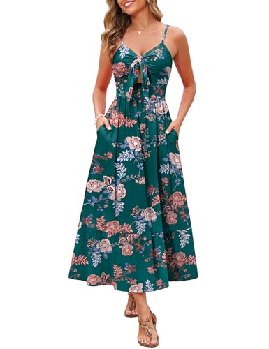 Image of Kranda Women 2026 Summer Sundress High Waist Tie Front Spaghetti Strap Long Beach Floral Tiered Maxi Dress with Pockets