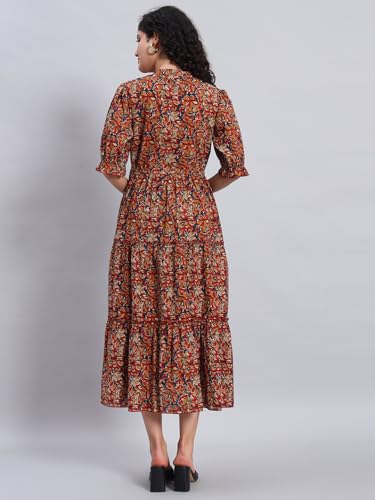 Image of PIDAVLIYA'S Women's Floral Summer Maxi Dress I Cotton Printed I One Piece Bodycon Midi Dress with V-Neck, Puffed Sleeves