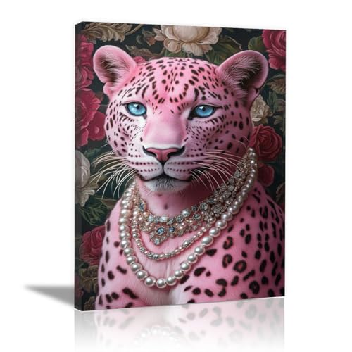 Tableaux félin tacheté rose colliers perles décoration murale animaux 70x100