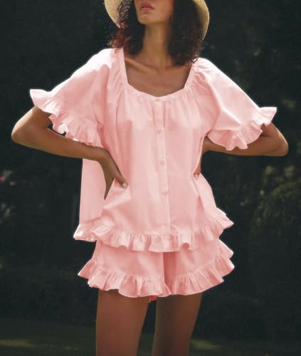 Image of Womens Fashion Summer Short Sets Short Sleeve Button Down Ruffle Trim Top and Shorts Cotton Pajama Sets