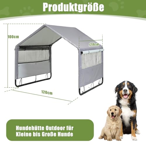 Hundehütte Outdoor für Kleine bis Große Hund, 120x120x100 cm, Wasserdicht Hundezelt für Kleintiere, Hühner, Katzen, Welpen, Hundehütte mit Mesh-Fenstern, Farbe in Grau