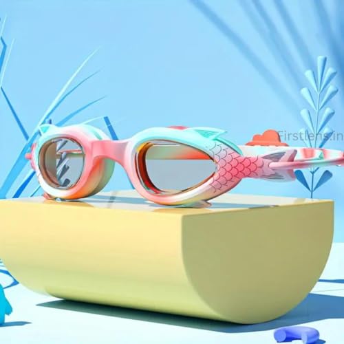 Image of First Lens Kids Swimming Goggle Mermaid Designed with Fish Tail Cap for Boys & Girls | AntiFog | UV protection | Durable | Age 3 to 8 - Red - SW36