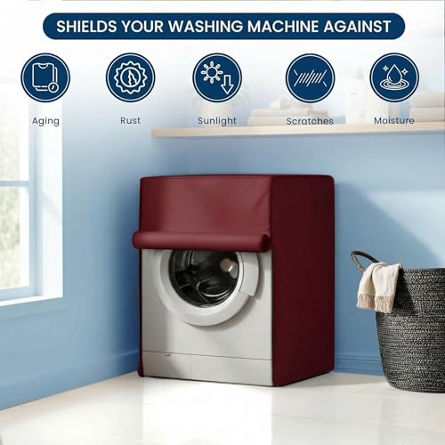 Image of Waterproof & Dustproof Front Load Washing Machine Cover Compatible for LG 12kg (FHD1208STB) | UV-Protective Washing Machine Cover | Anti-Slip Polyester | Easy to Clean & Zipper (Maroon)