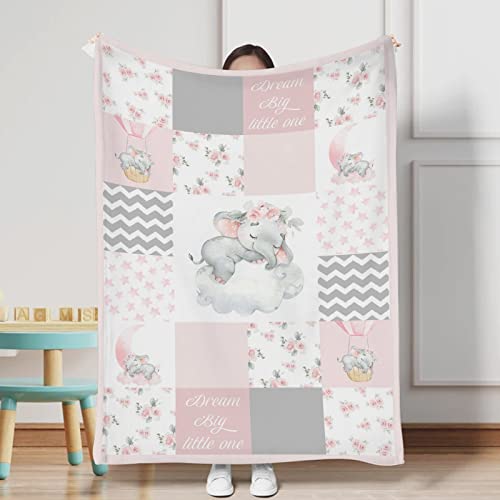 Image of HawSkgFub Sleeping Elephant Flower Baby Blanket Girls Gift Pink Gray, Dream Big Little One Patchwork Flannel Fleece Nursery Bed Blankets, Soft Lightweight Newborn Infant Toddler Crib Bedding 30 x 40