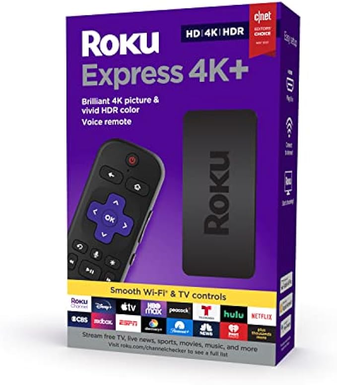 Roku Express 4K+ 2021 | Streaming Media Player HD/4K/HDR with Smooth Wireless Streaming and Roku Voice Remote with TV Controls, Includes Premium HDMI® Cable