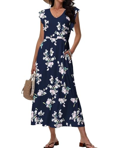 Tanmolo Maxikleid Damen Sommerkleid Lang Strandkleid Mit V-Ausschnitt Im Swing-Stil Mit Blumenmuster Mit Taschen (Marineblau Blumen M)