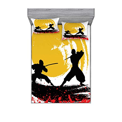 Ambesonne Japanese Fitted Sheet & Pillow Sham Set, Watercolor Style Silhouette Ninjas in The Moonlight Medieval, Decorative Printed 3 Piece Bedding Decor Set, Full, Vermilion Mustard