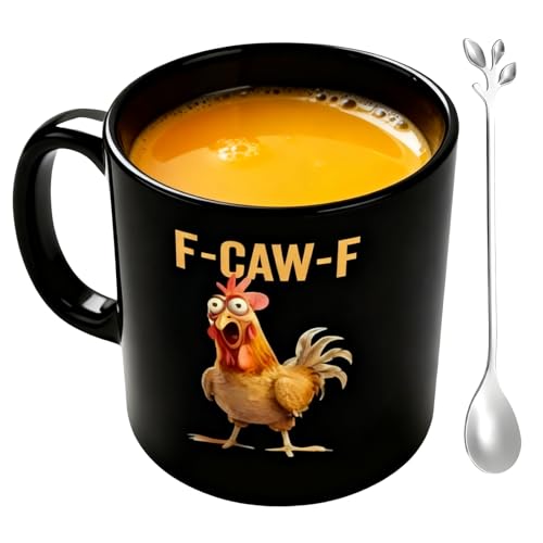 1 Schwarzer F Caw F Tasse Und Ein Silberner Löffel F-Caw-F Tasse Für Heiße Schokolade Saft Bier Eiswasser Geschenk Für Hühnerliebhaber