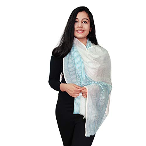 Image of ZEBAYA Unisex Woollen Stole in Yarn Dyed Stripes for Winter (Swami S05, Sky Blue, 75 x 180 cm)